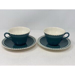 Set Of 2 Vintage Harkerware Corinthian Teal Green Cup And Saucer Set Harker
